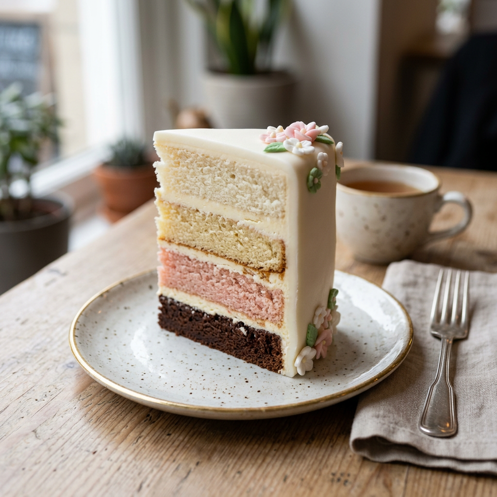 Slice of four-layer cake with white, yellow, pink, and chocolate layers decorated with small pastel flowers